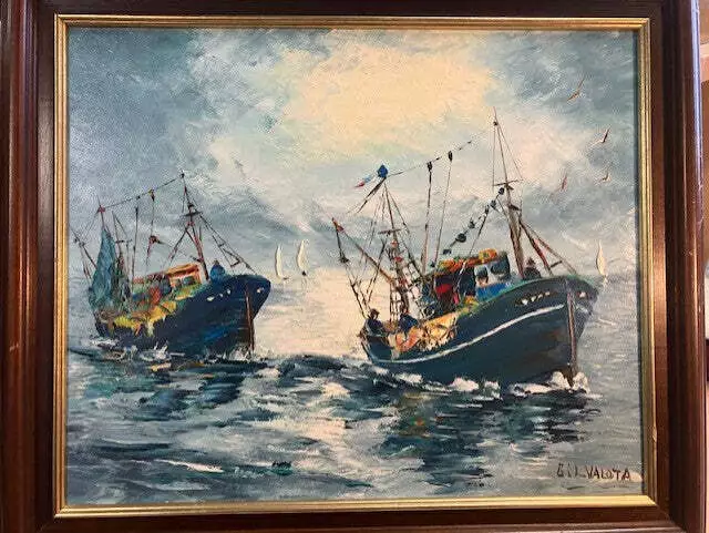 Tableau Huile Sur Toile Paysage de Mer Marin Bateaux Signé Gil VALOTA