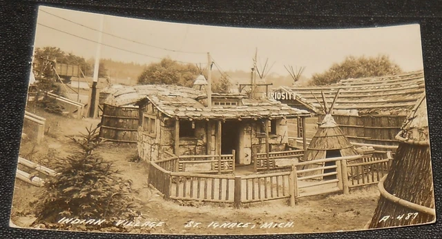 1941 Indian Village St Ignace Michigan Real Photo Postcard Rppc~Teepee  G2