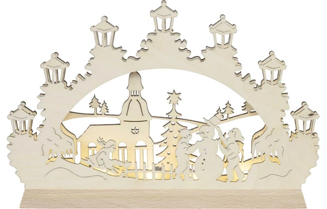 LED Lichterbogen Aus Holz Mit Timer | 45 Cm Schwibboden Mit Wald-Motiv, 10 Warm-weißen LEDs & Batteriebetrieb