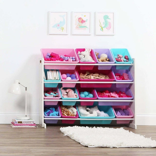 Hot  Crew White/Pink Kids Toy Storage Organizer with 16 Plastic Bins