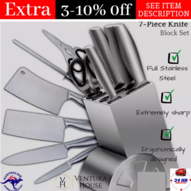 Professional Full Stainless Steel 7 piece Knife Block Set Deluxe Kitchen Knives