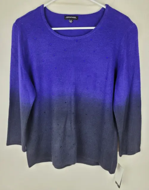 Notations Sweater Womens Sz M Blue Ombre Long Sleeve Pullover Stretch Rhinestone