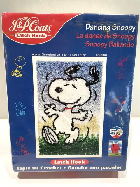 Vintage J&P Coats Latch Hook Peanuts Dancing Snoopy Rug Kit NEW Sealed 20" x 30"