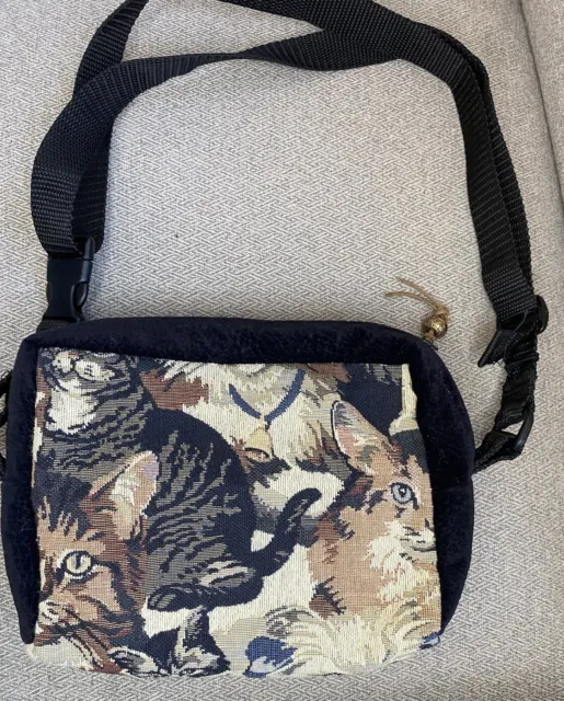 Vintage Cat Crossbody Bag Tapestry Kitty Purse Black Adjustable Strap Feline