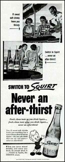 1953 Squirt soda cola women tennis court bottles vintage art print ad adl74