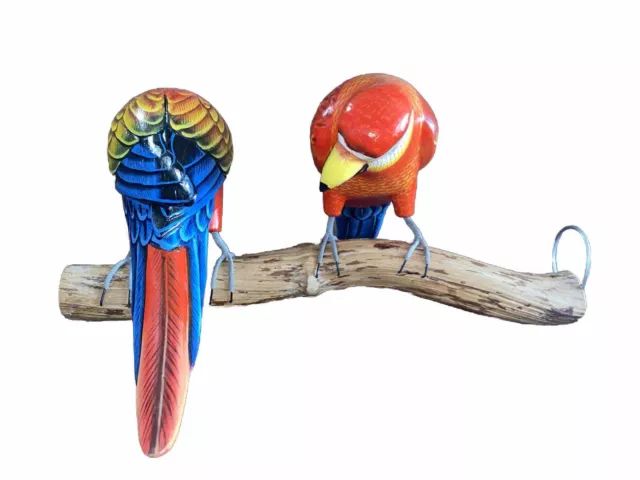 2 Parrots On Driftwood Wall Hand Carved Wood Tropical Sculpture Bird Decor Tiki