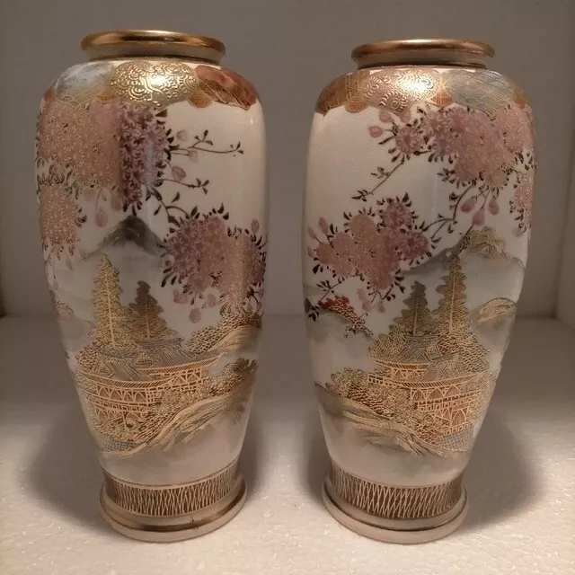 Satsuma Antique Flower Vase Cherry Blossom Motif Pair Meiji Kitamura Signed