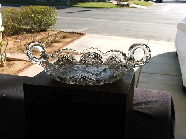 c1900 Antique AMERICAN BRILLIANT ABP 9.5" Two Handled CUT GLASS NAPPY, Sweet!