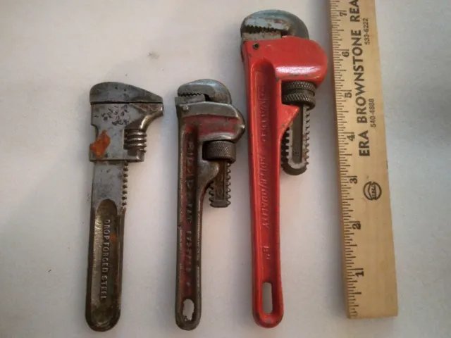 Lot of 3 Vintage Pipe Wrench Wrenches 6" & 8" Barnes Tool Company RIGID