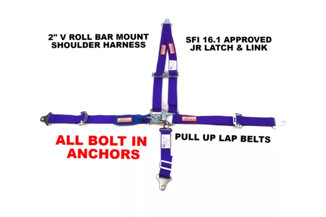 Quarter Midget Racing Harness 5 Point Sfi 16.1 V Roll Bar Mount 2" Latch & Link