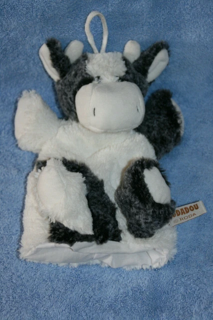 Rodadou Doudou Vache Plat Marionnette Blanc Gris Noir Etat Neuf