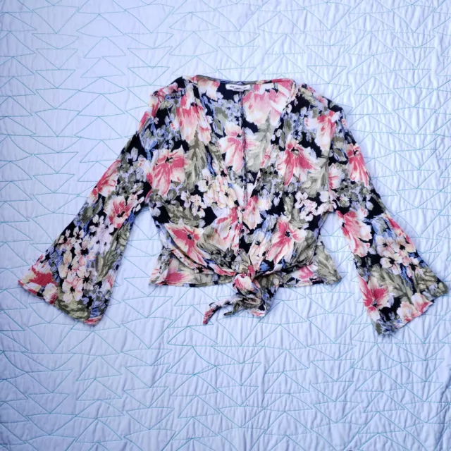 Billabong Desert Sunrise Top Womens Size S Button Down Tie Front Cropped Floral