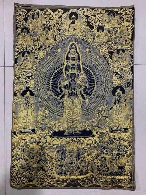 36" Tibet Tibetan Cloth Silk Thousands Hands Guanyin Black Tangka Thangka Mural