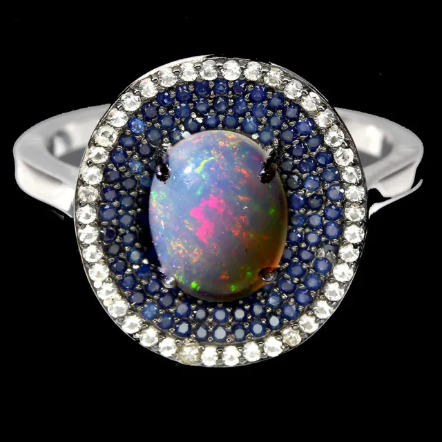 Unheated Oval Fire Opal 9x7mm Sapphire Diamond Cut 925 Sterling Silver Ring