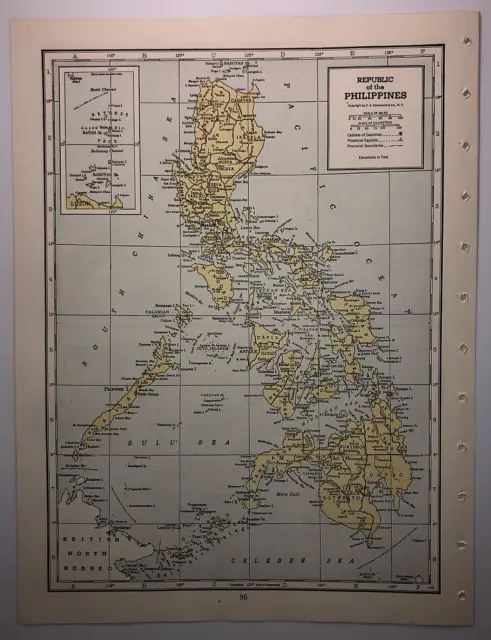1947 Vintage PHILIPPINES Antique Atlas Map Hammond's Superior Atlas & Gazetteer