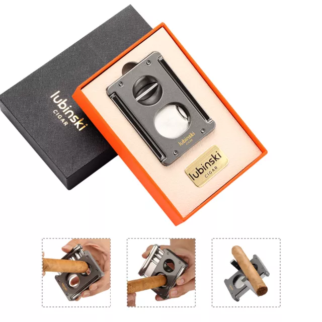 Lubinski Luxury Vcut Cigar Cutter Sharp Puncher Stainless Steel Holder Gift Box