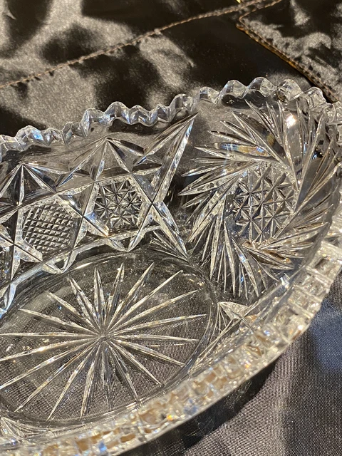 Vintage  American Brilliant Cut Glass Boat Dish 6 1/2" Sawtooth Edging