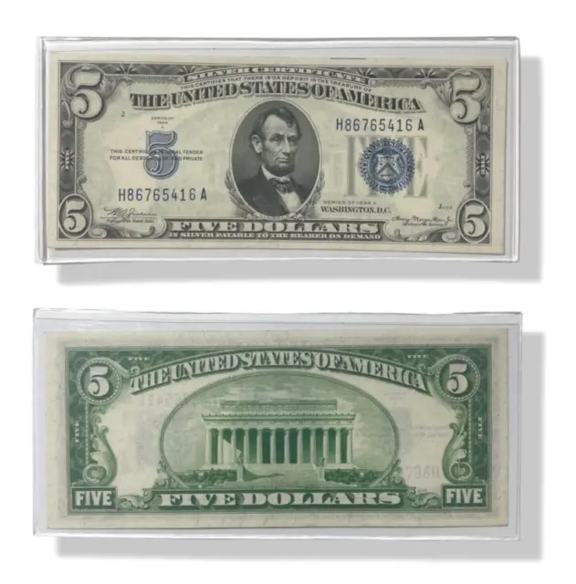 1934 A $5 Five Dollars Bill Silver Certificates Blue Seal, H/A Block, Gem  BU