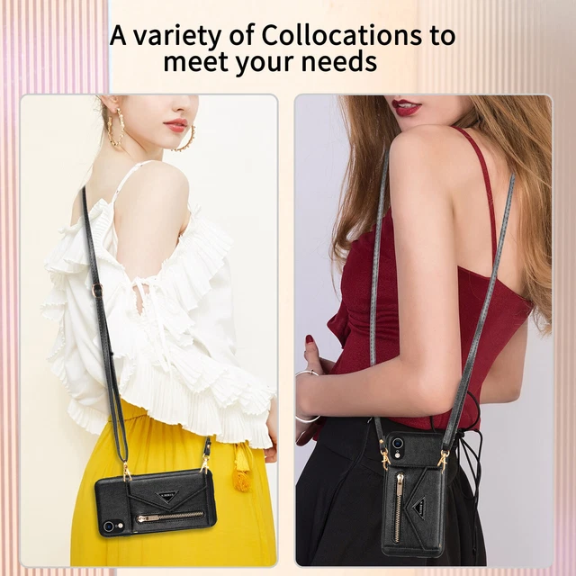 Leather Wallet Crossbody Strap For iPhone Samsung Card Bag Stand Phone Case Back