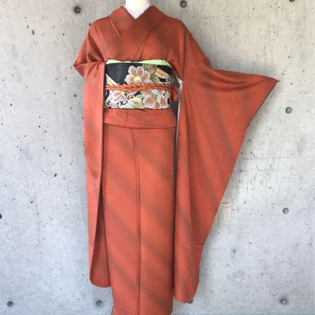 Japanese Kimono Pure Silk Long-sleeved Kimono Furisode 159.5cm Orange