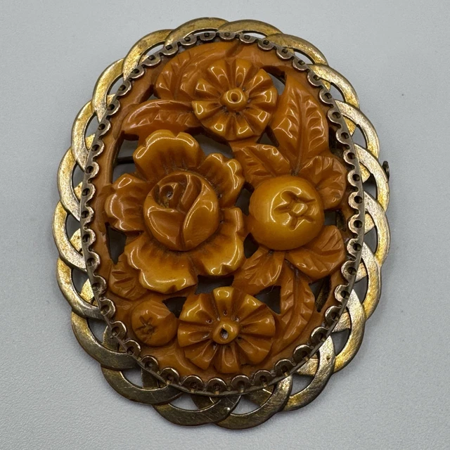Broche Ancienne Art Nouveau En Bronze - Fleur Avec Cabochon Verre Vert - Occasion