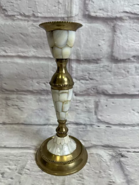 Brass and Mother of Pearl Inlay Candlestick. Collectable. Vintage. Decorative