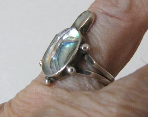 Taxco Sterling Silver Abalone Turtle Ring 1950s CS Eagle Stamp 5.5
