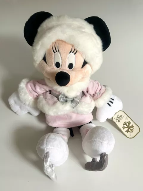 Disney Store Minnie Mouse Plush Pink Ice Skating Xmas Soft Cuddly Toy 16”