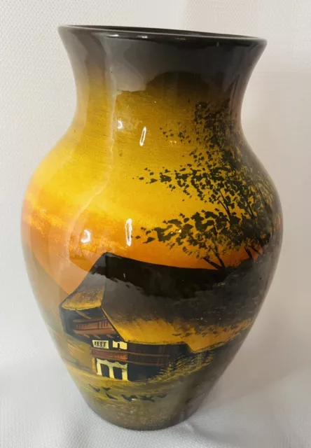 Vintage Majolika Porcelain Hand Painted Schramberg Scenic Majolica Vase 7.75”