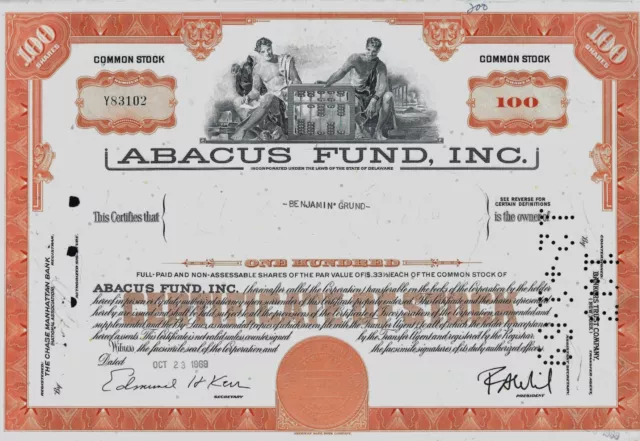 ABACUS FUND Inc., Massachusetts, 1969 (100 Shares) orange