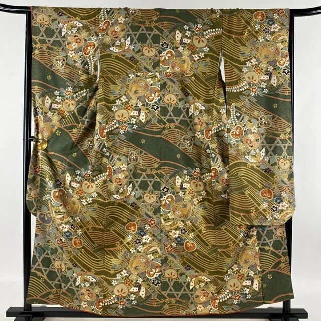 Woman Japanese Kimono Furisode Silk Butterfly Tachibana Gold Foil Brownish Green