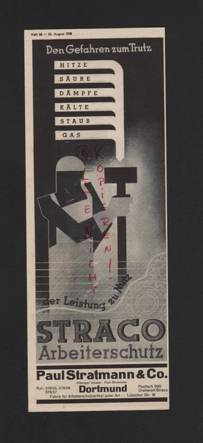 DORTMUND, Werbung 1938, Paul Stratmann & Co. STRACO Arbeiterschutz