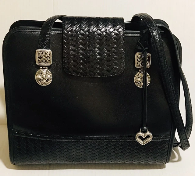 Vtg Brighton Designer Metal Medallion, Woven Embossed Black Leather Purse/Bag