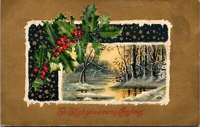 Postcard Christmas to wish you a merry christmas river winter scene holly