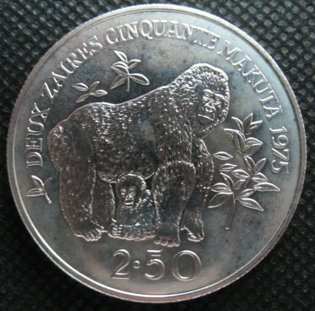 Zaire 2.5 Zaires 1975 Silver UNC Coin Conservation Series Mountain Gorillas