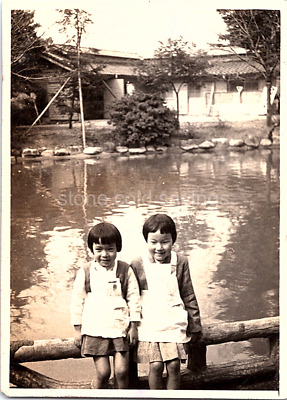 Old Asian Found Photo - Little Japanese Girls Sit Together By A Big Pretty Pond