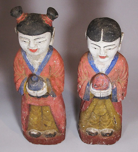A Very Rare/Fine Korean Pair of Boy/Girl Carved Wood/Polychromed Statues-19th C