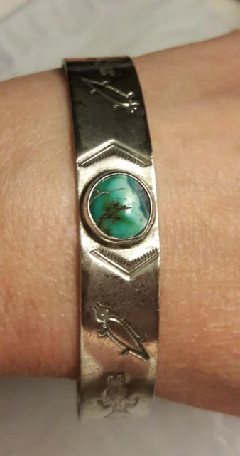Old Vintage Native American Pictograph Tribal Turquoise Silver Cuff Bracelet