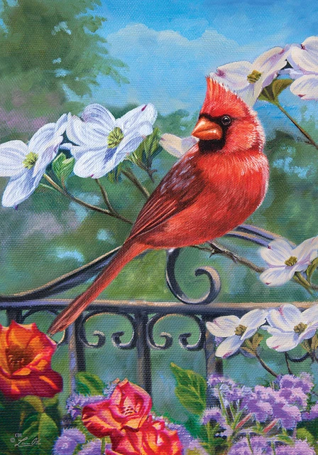 Red Cardinal on Wrought Iron Garden Gate 12 X 18 Inch Garden Flag Custom Decor