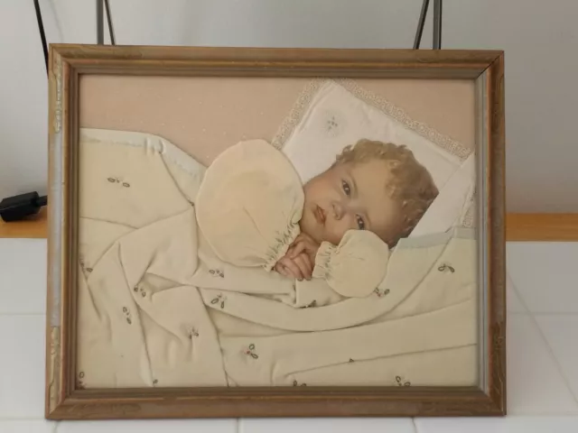 VTG Scrapbooking ART FRAMED BABY PICTURE REAL DRESS Pease Crafts victorian like