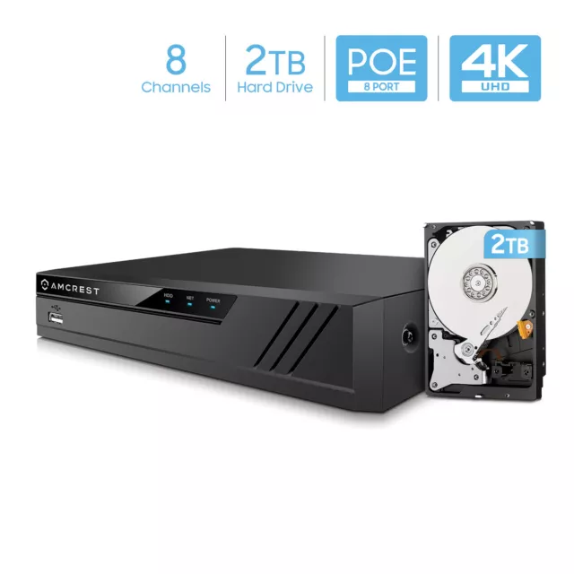 Amcrest NV4108E-HS 4K 8CH POE NVR (1080p/3MP/4MP/5MP/6MP/8MP/4K) (NV4108E-2TB)