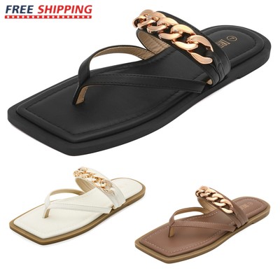 Womens Fashion Flat Sandals Metal Chain Flip Flops Beach Walking Casual Sandals