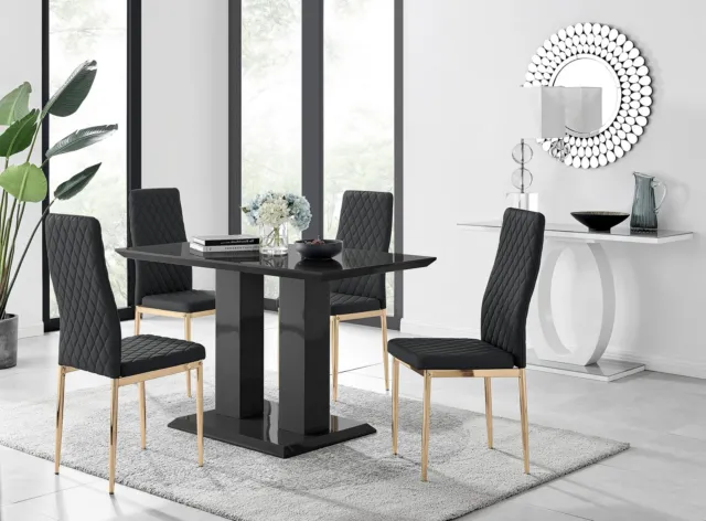 IMPERIA Black High Gloss Pillar Dining Table and 4 Faux Leather Milan Chairs