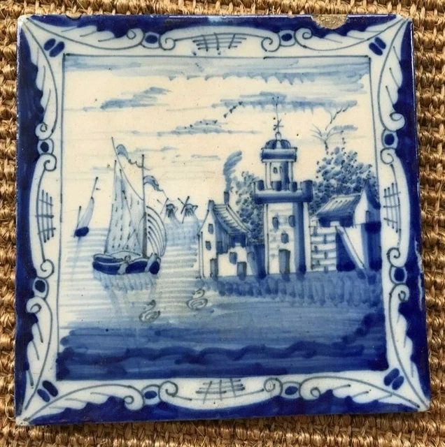 Antique 18C Liverpool Delft Tile Blue And White Depicting A Castle And Ships