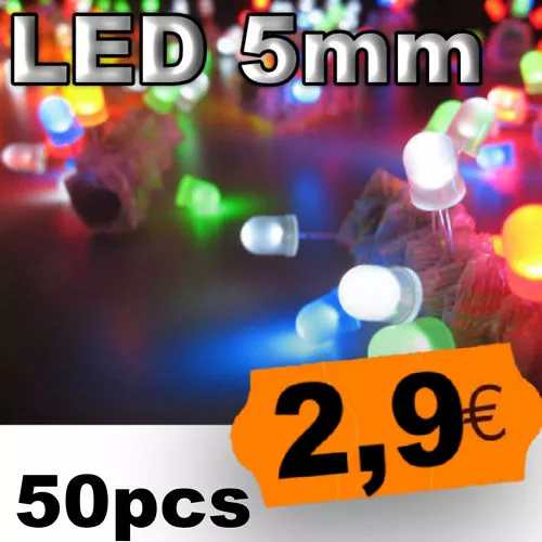 KIT450# Lot de 50 LED 5mm rouge blanche jaune vert bleu