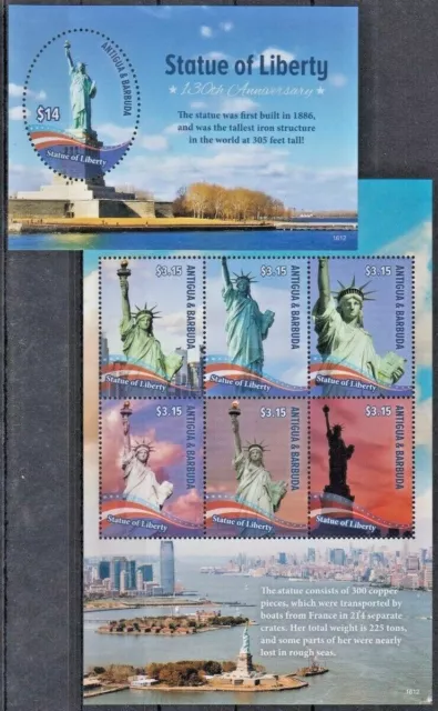 137. Antigua & Barbuda 2016 Sello M/S + S/S Estatua De Libertad, Monuments. MNH