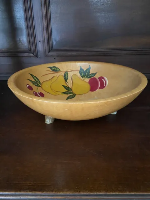 Vintage Munising Hand  Painted Fruit Wooden Carved Dough Bowl Large Footed