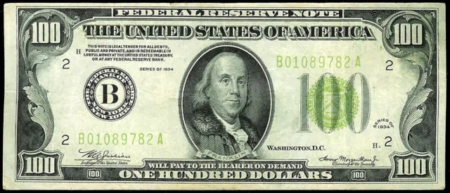 1934 New York Federal Reserve $100 Dollar Note Light Green Seal Fr. # 2152-B