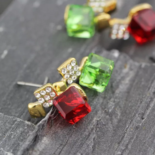 18K Gold GP Simulated Ruby Emerald Crystal Square Cube Drop Stud Earrings Gifts