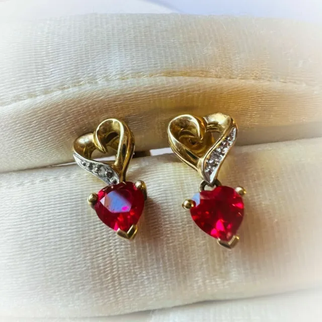 2Ct Heart Cut Lab Created Red Ruby & Diamond Stud Earring's 14K Yellow Gold Over